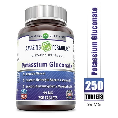 Amazing Formulas - Potassium Gluconate - 99 Milligrams - 250 Tablets - Balances pH Levels - Supports Muscular (Best Way To Lower Potassium Levels)