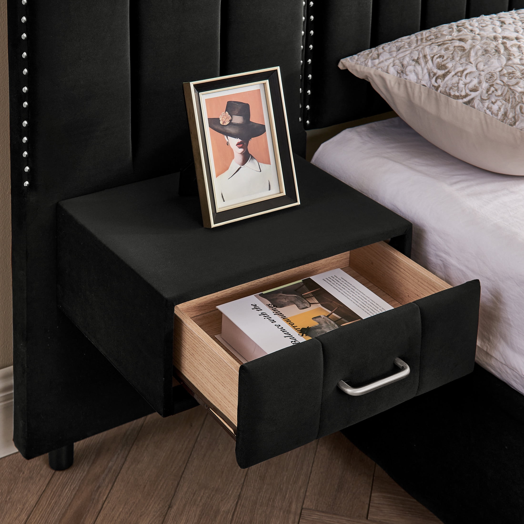 Noble House Neville 118" King Size Upholstered Bed Frame, Velvet Vertical Stripe Platform Bed with Lights, Black