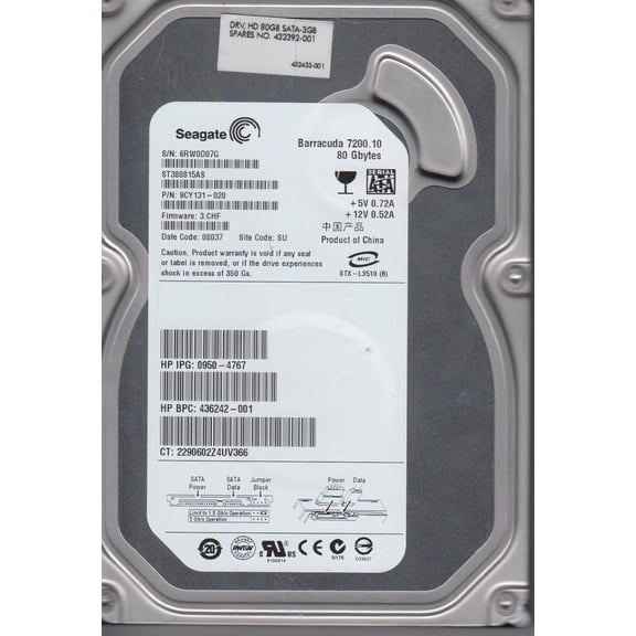 ST380815AS, 6RW, SU, PN 9CY131-020, FW 3.CHF, Seagate 80GB SATA 3.5 Hard Drive
