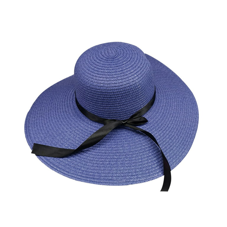 Manunclaims Womens Sun Straw Hat Wide Brim UPF 50 Summer Hat Floppy Straw Ribbon Bow Foldable Beach Hats for Women, Women's, Size: Large, Blue