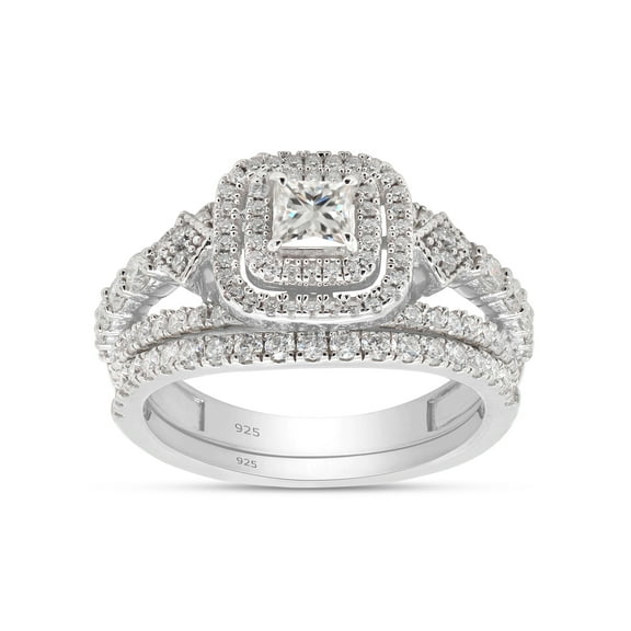 AFFY 1.10CT Princess & Round Moissanite Halo Engagement Bridal Ring Set 14K White Gold over Silver-4
