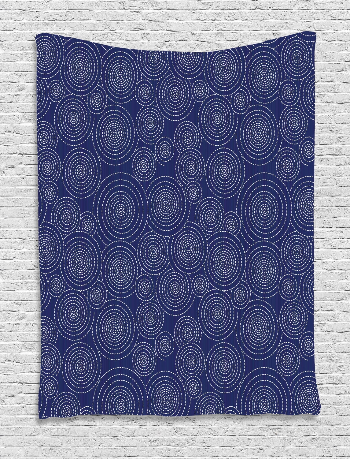 Geometric Tapestry, Repeating Spirals Formed by Dashed Lines Japanese Sashiko Quilting Pattern, Wall Hanging for Bedroom Living Room Dorm Decor, 60W X 80L Inches, Indigo White, by Ambesonne
