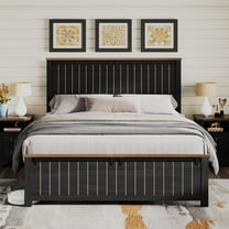 Merluxy Farmhouse Queen Size Bed Frame with Barn Door, Wooden Rustic Platform with 47" Tall Headboard, Solid Wood Slats & Metal Support, Dark Grey