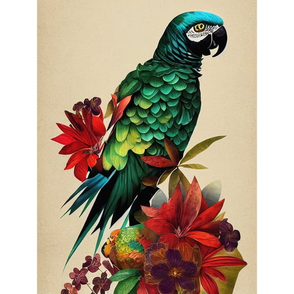 Exotic Flowers And Feathers Macaw Parrot And Jungle Blooms Unframed Wall Art Print Poster Home Decor