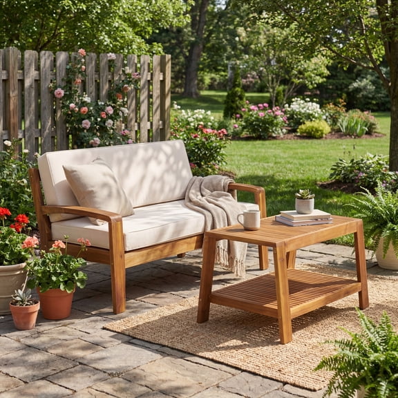 LifeSky Outdoor Acacia Wood Conversation Set: 350lbs Loveseat & Coffee Table - 2-Piece Patio Furniture for Backyard Deck & Porch with Beige Water-Resistant Cushions
