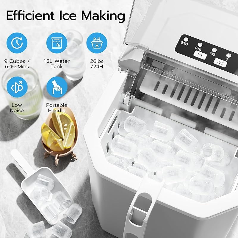Countertop Ice Maker, 26.5Lbs/24H, 9 Bullet Cubes in 6 Mins, Self-Cleaning Portable Ice Machine with 2 Ice Sizes (S/L), Quiet Compact Design, Double Handles, for Home, Party, RV, Camping, White