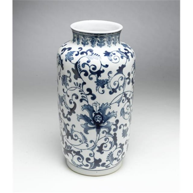 AA Importing 59700 Feuille & Scrollwork Vase Design, Bleu & Blanc