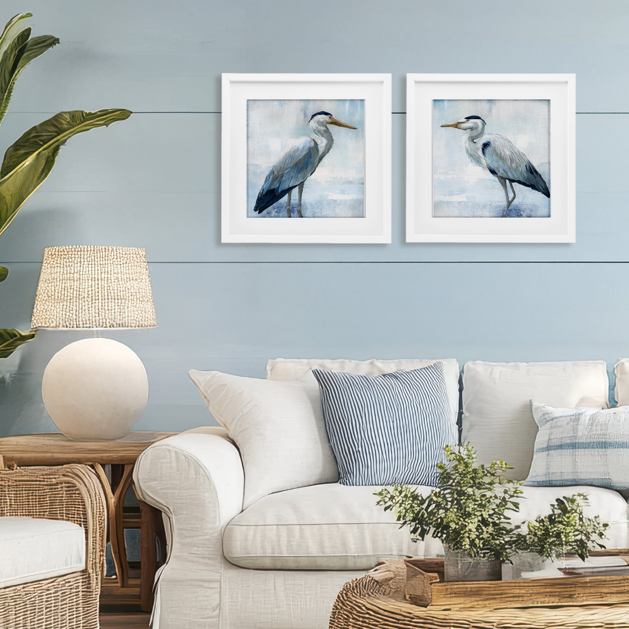 Stupell Industries Faded Blue Coastal Herons 2 Piece White Framed Print Under Glass Set, design by Nan