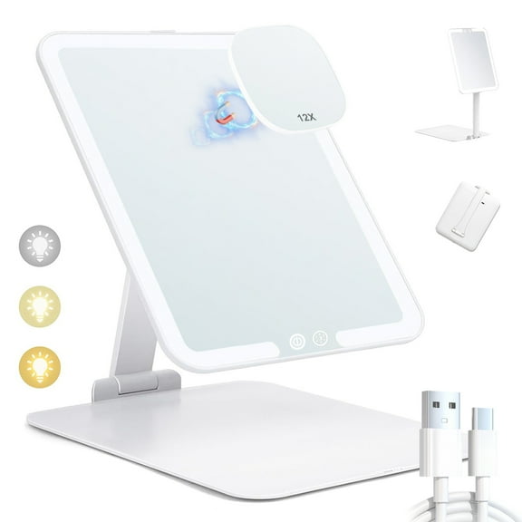 Travel  Makeup Mirror with Lights, Travel Folding Makeup Mirror, LED Dimmable Vanity Mirror with Small 12x Magnification Pocket Mirror Vanity Mirror with Lights