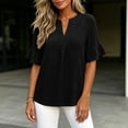 thumbnail image 6 of ClodeEU Women's Faux Linen V Neck Ruffle 3/4 Sleeve Blouse,Casual Loose Fit Solid Color Top Black,Women's Plus S, 6 of 8