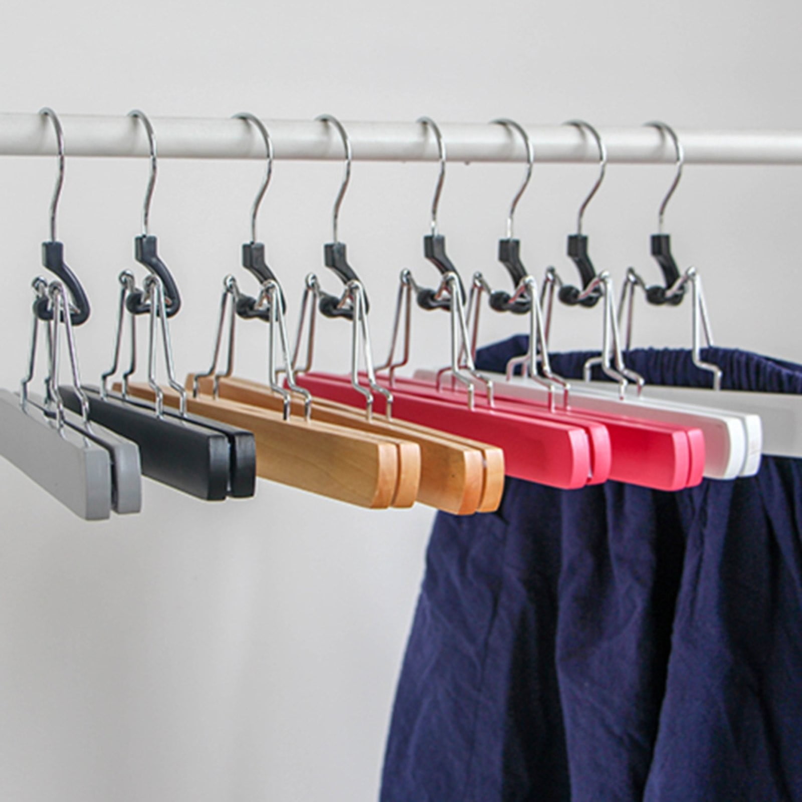 witspace Wooden Pants Hangers with Clips 10 Pack Non Slip Skirt Hangers, Smooth Finish Solid Wood Jeans/Slack Hanger with Hook - Pants Clip Hangers for Skirts
