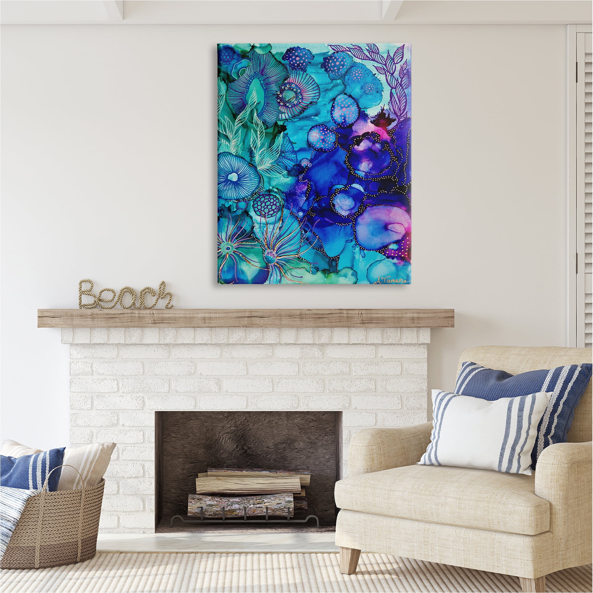 Stupell Industries Blue Modern Sea Life Abstract Painting Gallery Wrapped Canvas Art Print Wall Art, 36 x 48