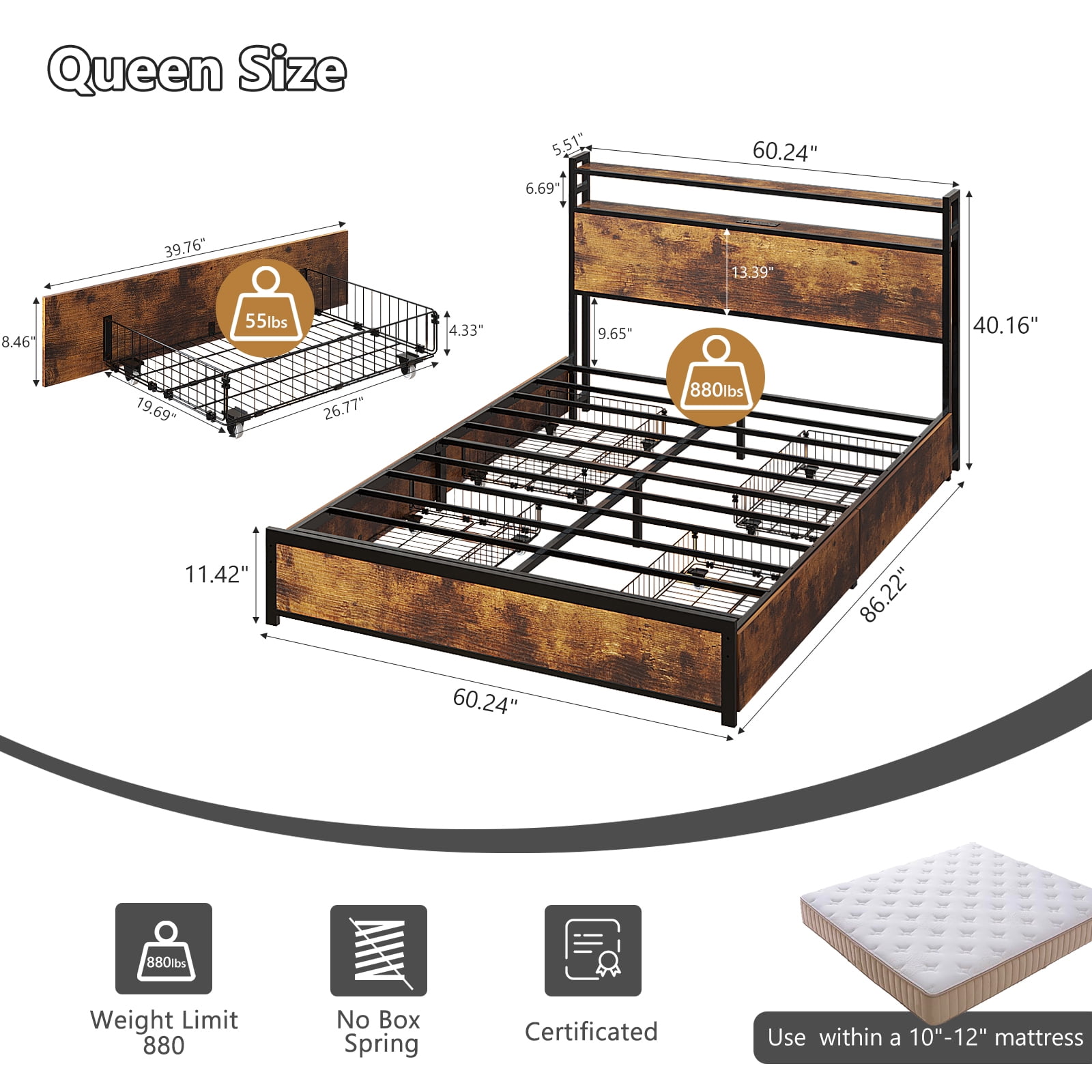 Zimtown Queen Bed Frame with 2-Tier Storage Headboard, Metal Platform Bed Frame with 4 Storage Drawers, Built in Charging Station & LED, Vintage Brown