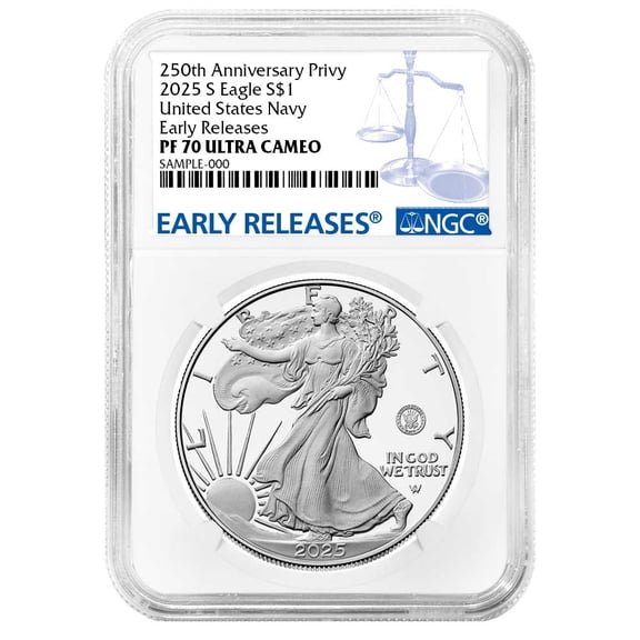 2025-S Proof $1 American Silver Eagle Navy Privy NGC PF70UC ER Blue Label 250th Anniversary