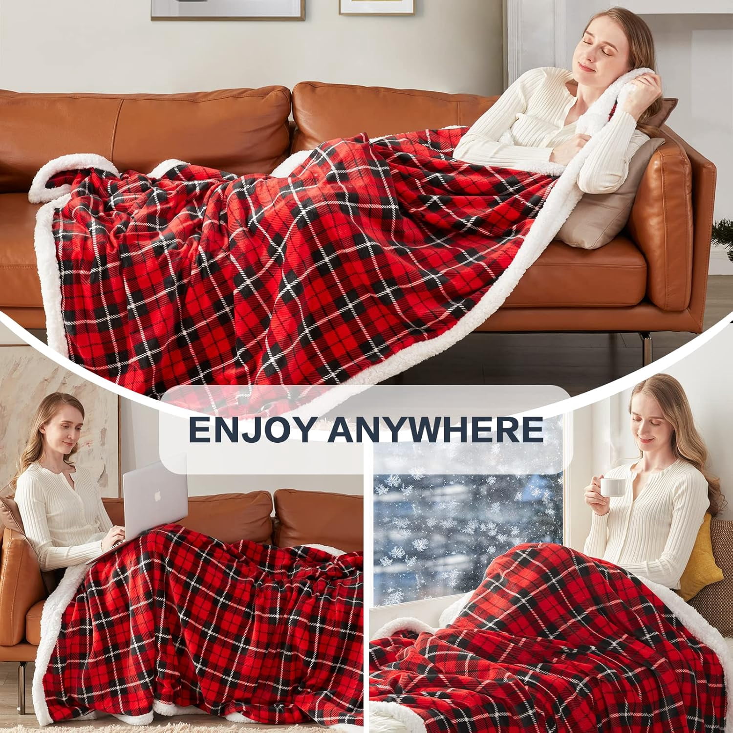 Sherpa Throw Blanket Twin Checkered Warm Soft Blanket for Couch