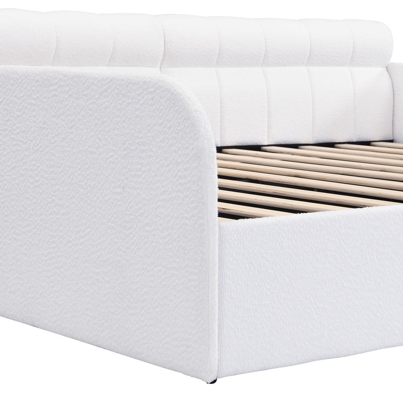 Full Size Boucle Daybed with Metal Drawer on Wheels, Storage Platform Bed Frame with Guardrails, Upholstered Low Profile Bed