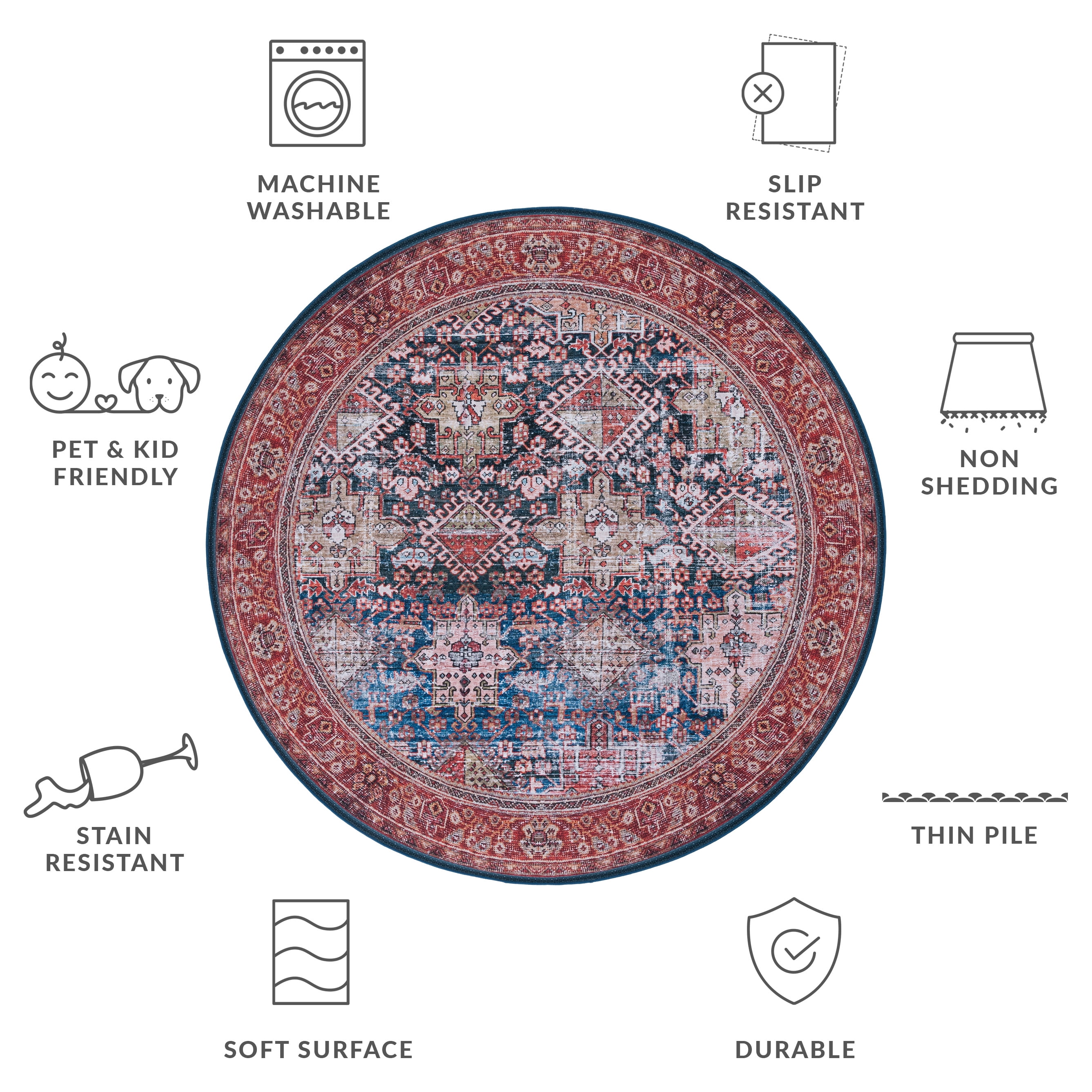 Safavieh Tucson Bronagh Oriental Machine Washable Area Rug, Navy/Rust, 4' x 4' Round