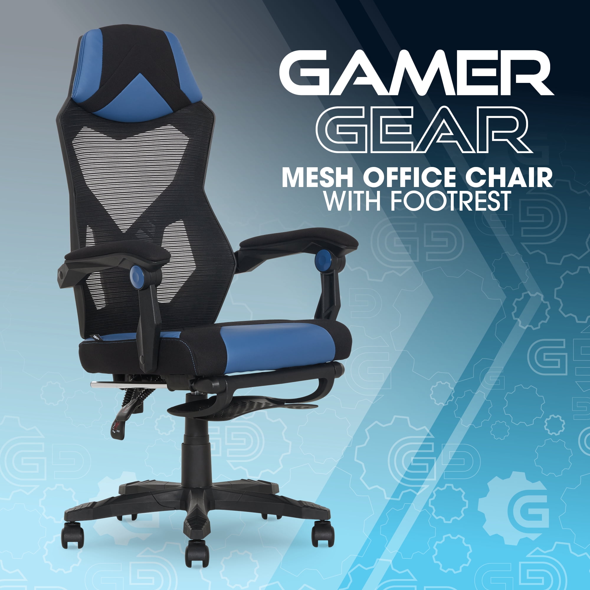 Gamer Gear Gaming Office Chair with Extendable Leg Rest, Blue/Black Fabric Upholstery