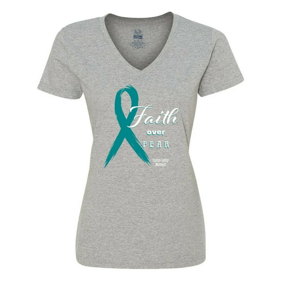 Inktastic Faith over Fear Ovarian Cancer Awareness with Teal Ribbon Women's V-Neck T-Shirt