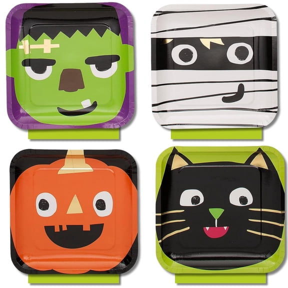 Halloween Dinner Plates and Napkins Set — Frankenstein, Mummy, Pumpkin & Black Cat Assorted Square Party Supplies (Serves 16)