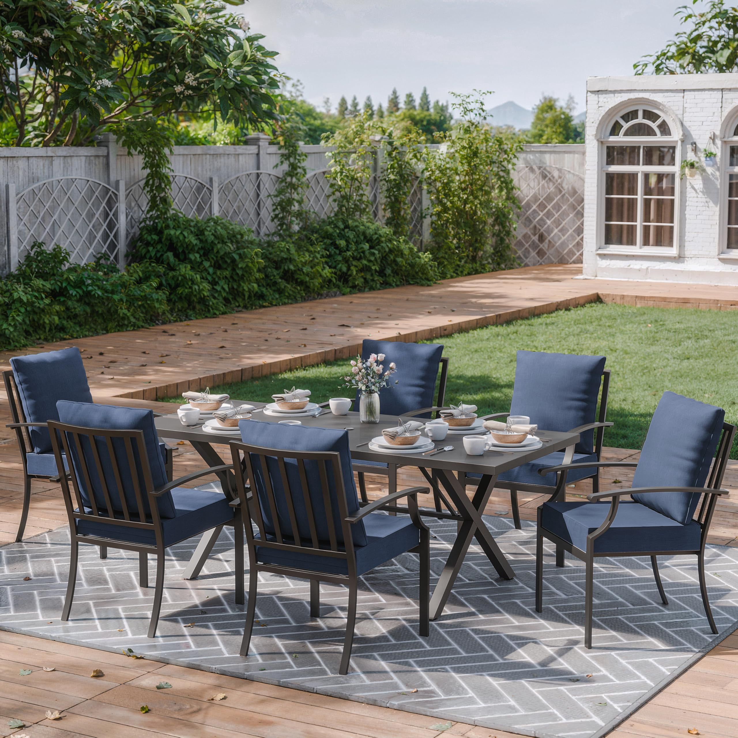 ALAULM 7-Piece Patio Dining Table and Chairs Outdoor Dining Set for 6 Patio Dining Sets with Rectangular Metal Table with Umbrella Hole for Patio, Backyard, Garden-Navy Blue