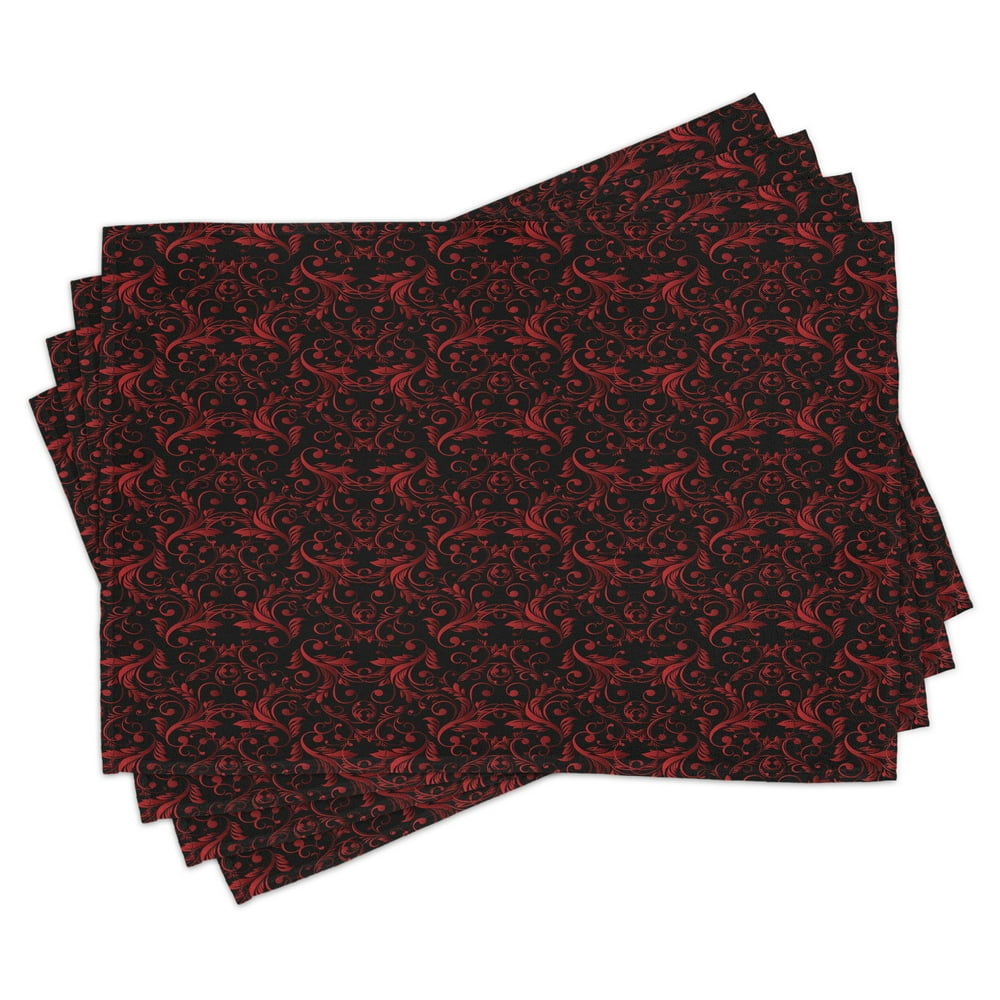 Red and Black Placemats Set of 4 Victorian Floral Design with Ivy