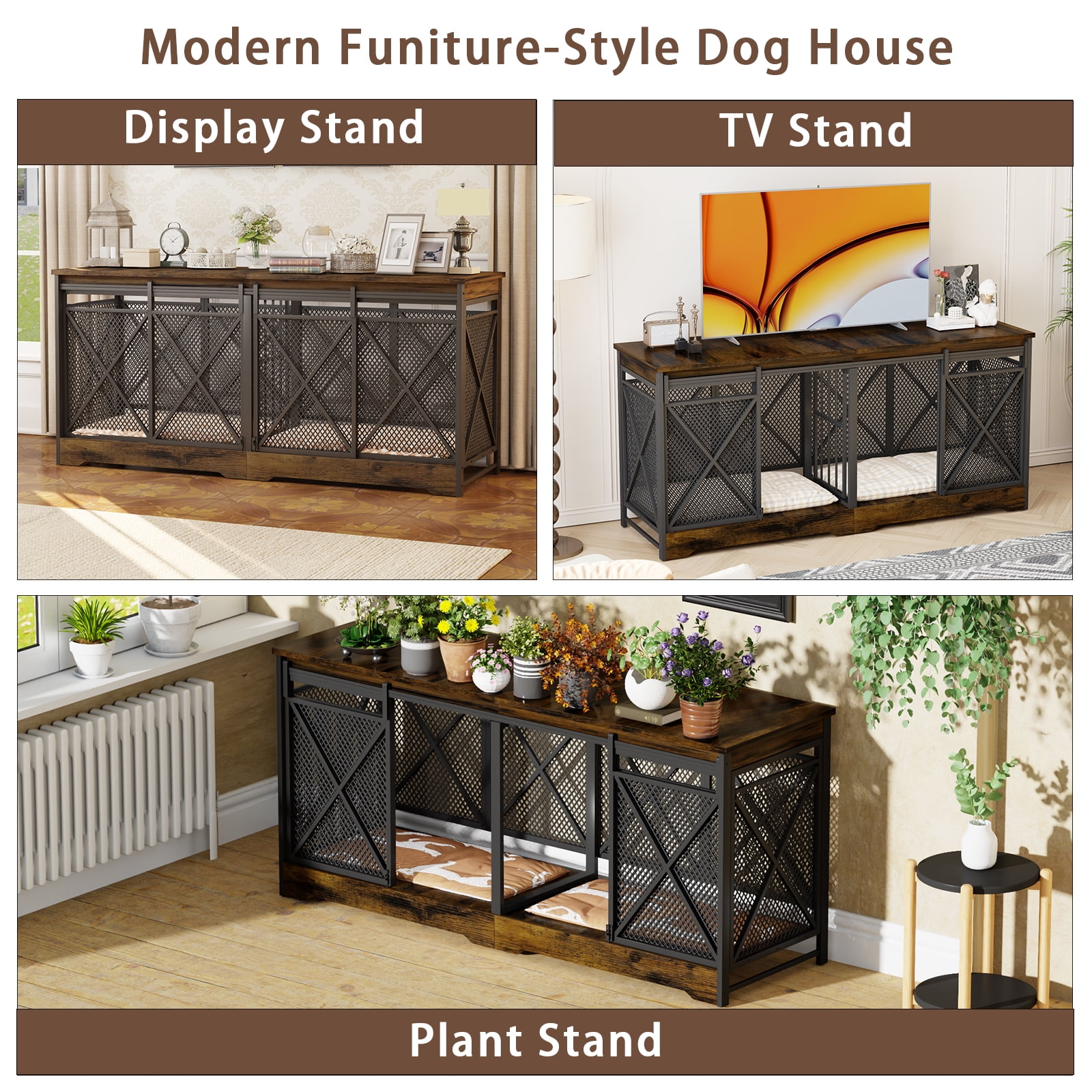 78 inch Double Dog Crate Furniture for 2 Dogs Lager Dog Wooden Crate Kennel table with Removable Divider Indoor Dog House for Small Medium Large Extra Large Size Brown