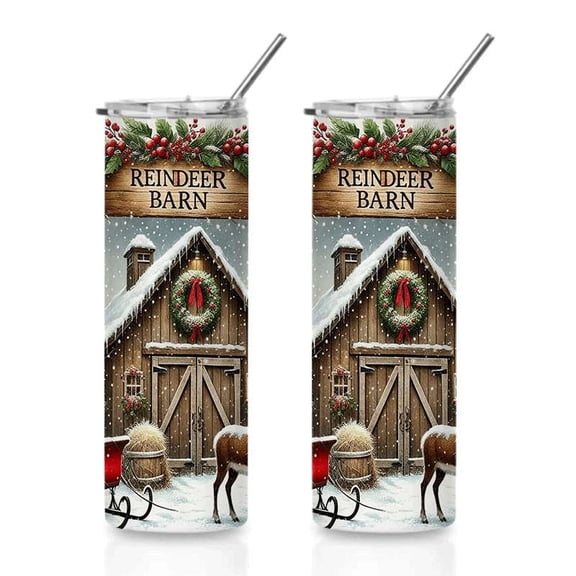 Reindeer Barn Skinny Insulated Tumbler with Straw, Rustic Winter Barn & Reindeer Scene, Stainless Steel Hot Cold Travel Cup