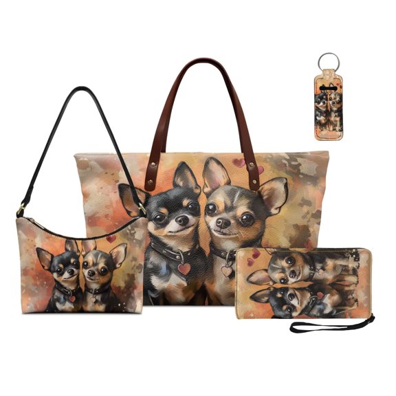 Kuiaobaty Chihuahua Print Handbag and Wallet Set for Women Heart Print Tote Purse with Underarm Bag Leather Hobo Purse Lip Pouch for Travel