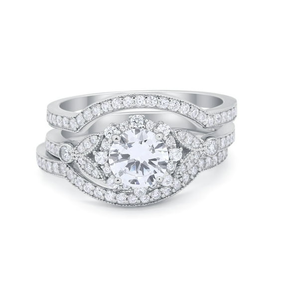 Three Piece Round Band Ring Bridal Set CZ 925 Sterling Silver Size 5