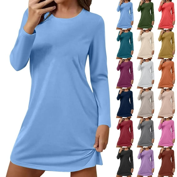 Helii Solid Color Nightgowns for Women Crewneck Long Sleeve Sleepshirt Soft Comfy Dressy Pajamas Casual Sleepwear Sky Blue M