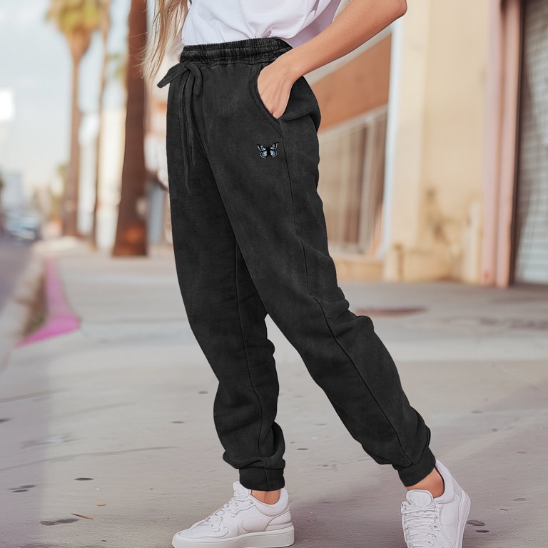 Dalix Butterfly Embroidered Washed Jogger Pant Soft Fleece Relaxed