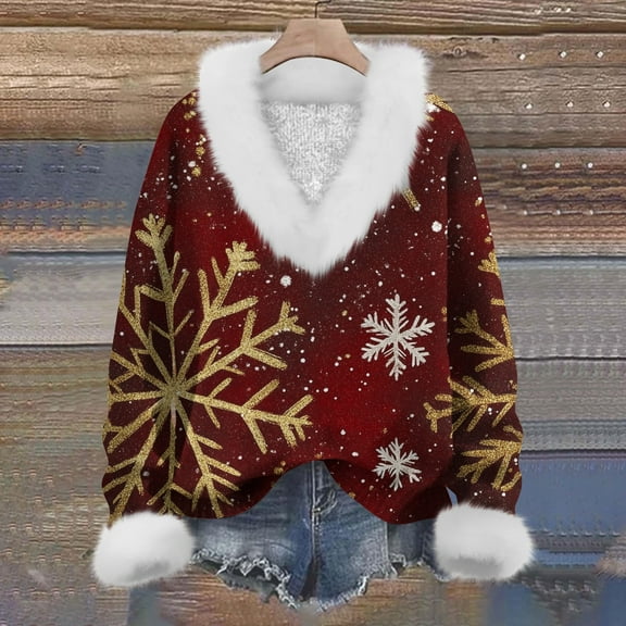 Aboser Ribbed Knit Sweaters for Women Ugly Christmas Holiday Tops Funny Xmas Snowflake Printed Shirts Fuzzy Trim V Neck Sweater Warm Long Sleeve Pullover Knitwear