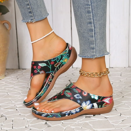 

YOUSNH Ladies Summer Beach Flat Casual Colour Block Printed Clip Toe Large Size Slope Heel sandals for Women Black 8.5(41)