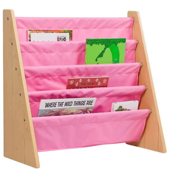 Wildkin Canvas Sling Book Shelf for Boys and Girls, Wooden Design Features Four Shelves - Cherry w/ Tan