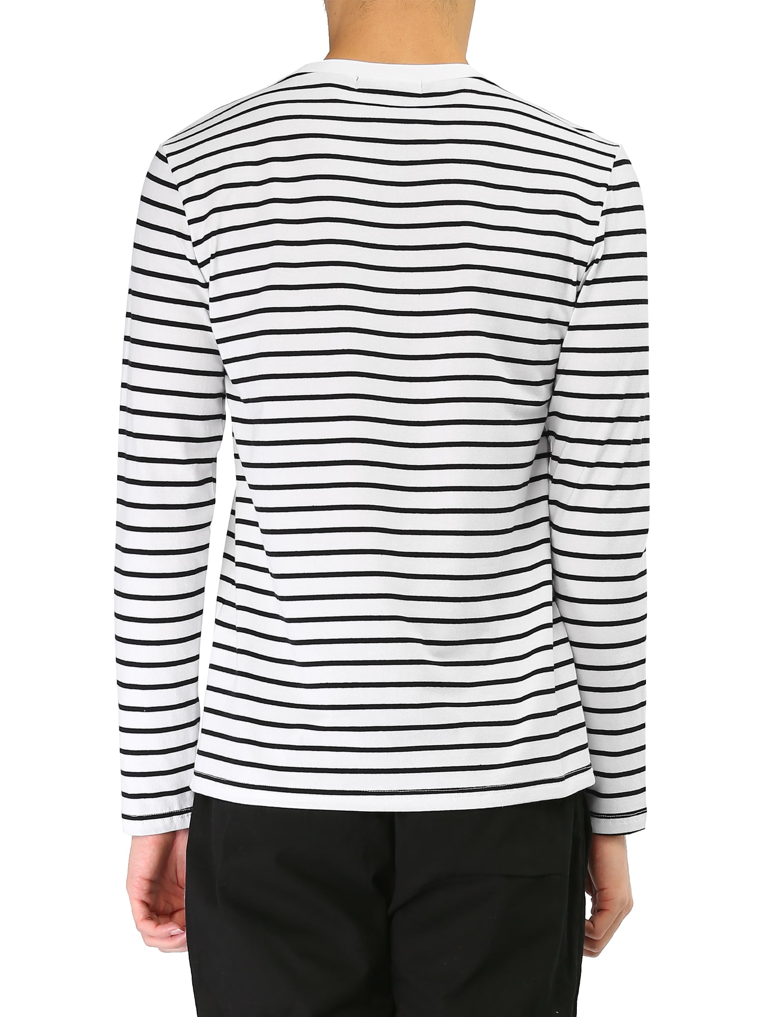 Unique Bargains Men's Long Sleeve Pullover Top Crew Neck Striped T-Shirts 50 Black and White