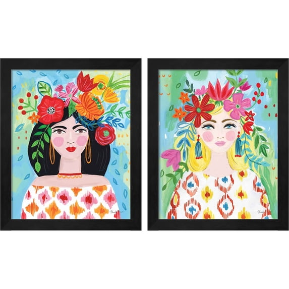 Great Art Now Boho Girl by Farida Zaman, 2 Piece Framed Art Set Each 9.25"W x 11.25"H