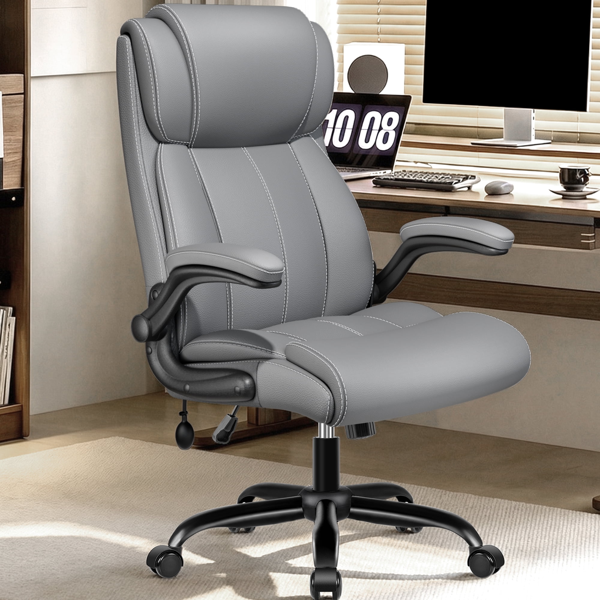 COOLHUT Big and Tall Office Chair 350LBS, Comfy Heavy Duty Executive Desk Chair with Adjustable Lumbar Support, Higth Back Computer Home Office Chair with Padded Flip -up Arms, Light Gray