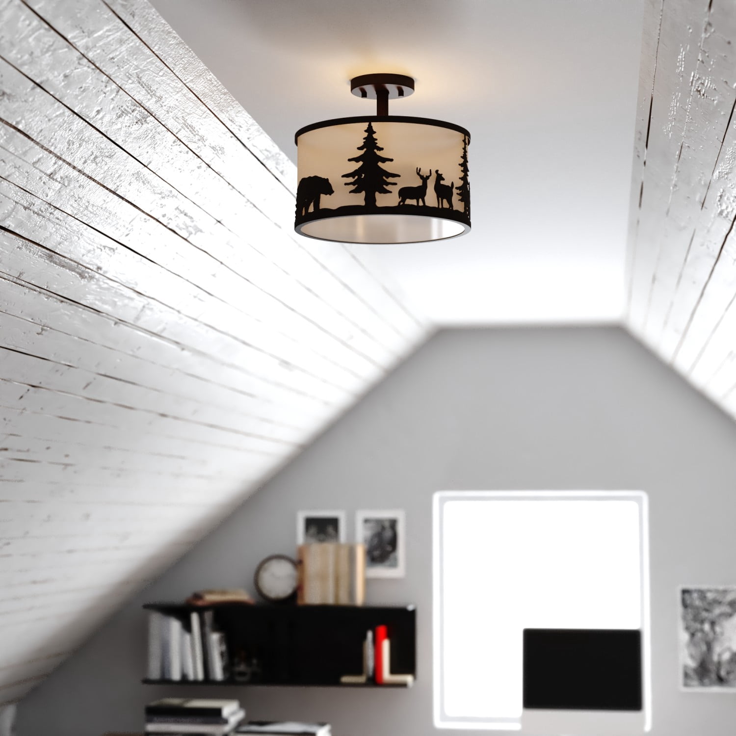 Acadia 13-in W Bronze Rustic Semi Flush Mount Ceiling Light White Linen Deer Tree