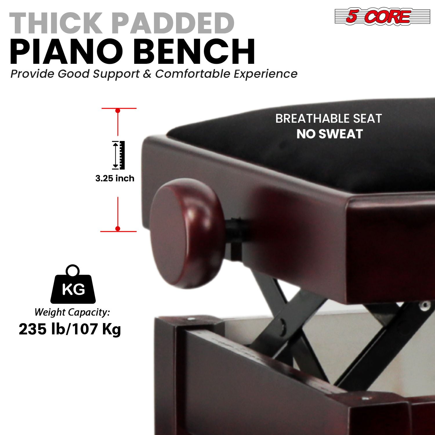 Adjustable Piano Bench Thick 3.25" Solid Wood Keyboard Stool Heavy Duty Musician Chair