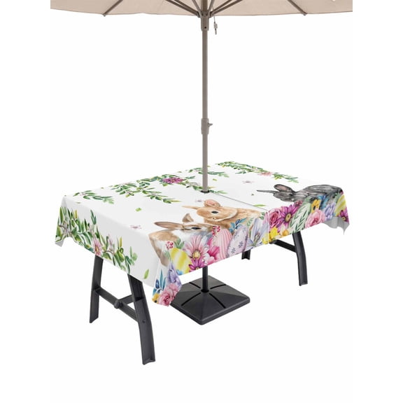 Outdoor Tablecloth with Umbrella Hole and Zipper, Happy Easter Rectangle Table Cloth 54x80 Inch Waterproof Tablecloth, Cutte Rabbits Eggs Floral Plants Watercolor Picnic Table Cover for Patio Camping
