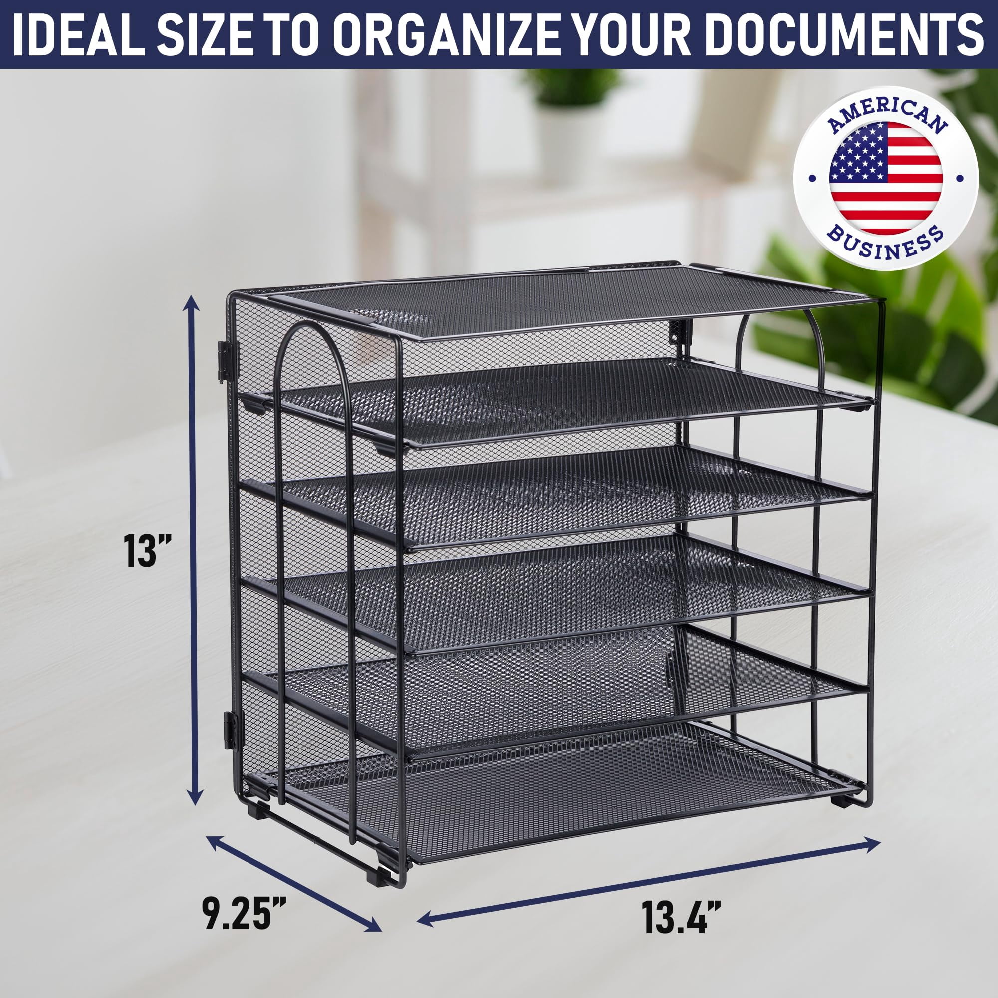 Desk Organizer Tray, Letter Tray in Black Metal Mesh for Organizing Files, Papers, Bills, Folders, Letters, and Binders. Desktop Paper Rack for Home, Office, or School (5 Tier - New)