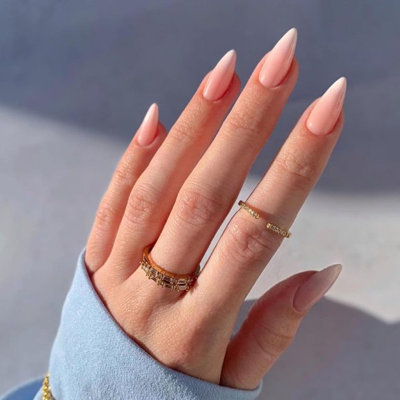 TRAHOO-Ombre From Pearly White to Pink Press on Nails Almond, Glue on Nails Acrylic Nails Stick on Nails for Women Girls Daily Wear in 12 Sizes,24 Pcs