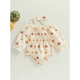 thumbnail image 2 of Wassery Infant Newborn Baby Girl Clothes Halloween Outfits Pumpkin Print Jumpsuit Long Sleeve Cotton Linen Romper + Bow Headband 0-24 Months, 2 of 9