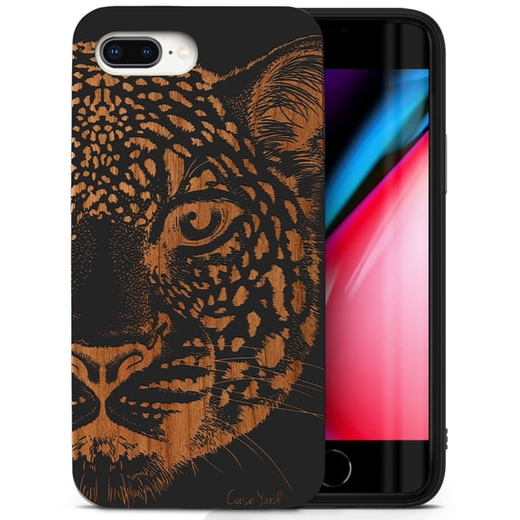 Case Yard Wooden Case for iPhone-8-Plus Soft TPU Silicone cover Slim Fit Shockproof Wood Protective Phone Cover for Girls Boys Men and Women Supports Wireless Charging Leopard Sketch Design
