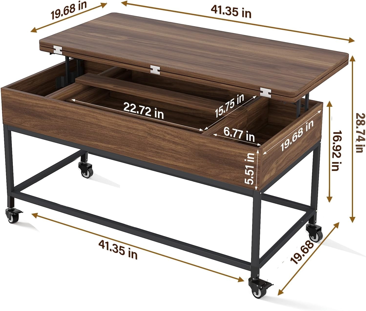 3 Modes Lift Top Coffee Table with hidden Drawer Storage for Living Room&Dining Room, Walnut