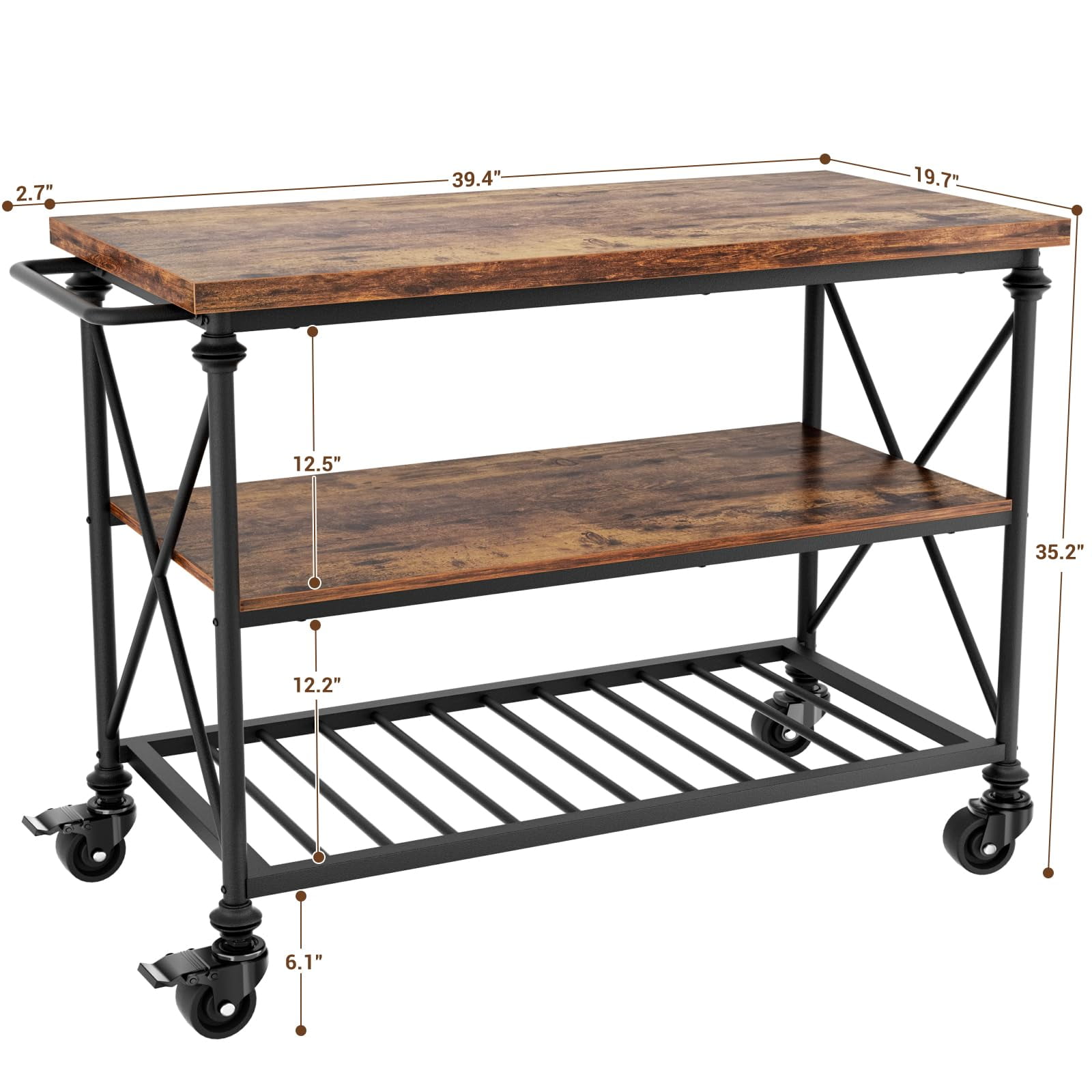 Aheaplus 3-Tier Rolling Kitchen Island with Locking Wheels – Industrial Wood Top Cart for Extra Storage, Mobile Prep Space & Coffee Bar – Easy Assembly,Rustic Brown