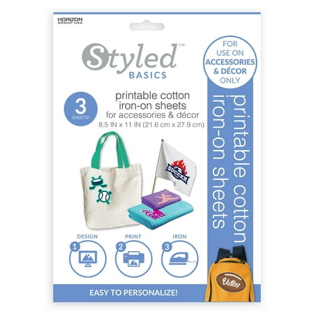 Styled Basics Printable Cotton Iron-On Sheets, For Use with Ink Jet Printer, Includes 3 - 8.5" x 11" Sheets