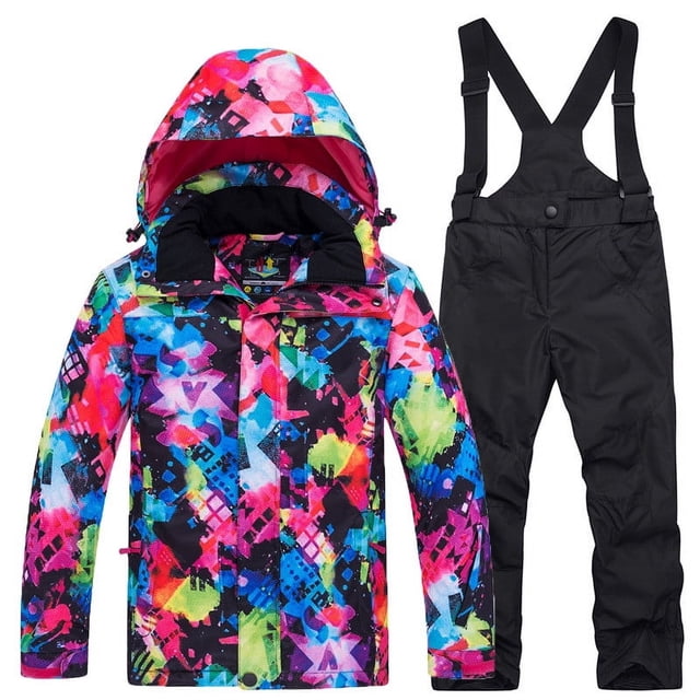 Xfvqtps Kids Ski Jacket and Pant Set Snowboarding Snowsuit Adjustable Drawstring Hooded Coat Colorful Print Adjustable Overalls Waterproof Windproof Winter Warm Ski Suits Black