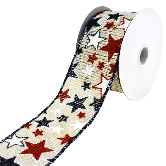 Patriotic Stars Faux Burlap Wired Ribbon, 2-1/2-Inch, 10-Yard - Cream